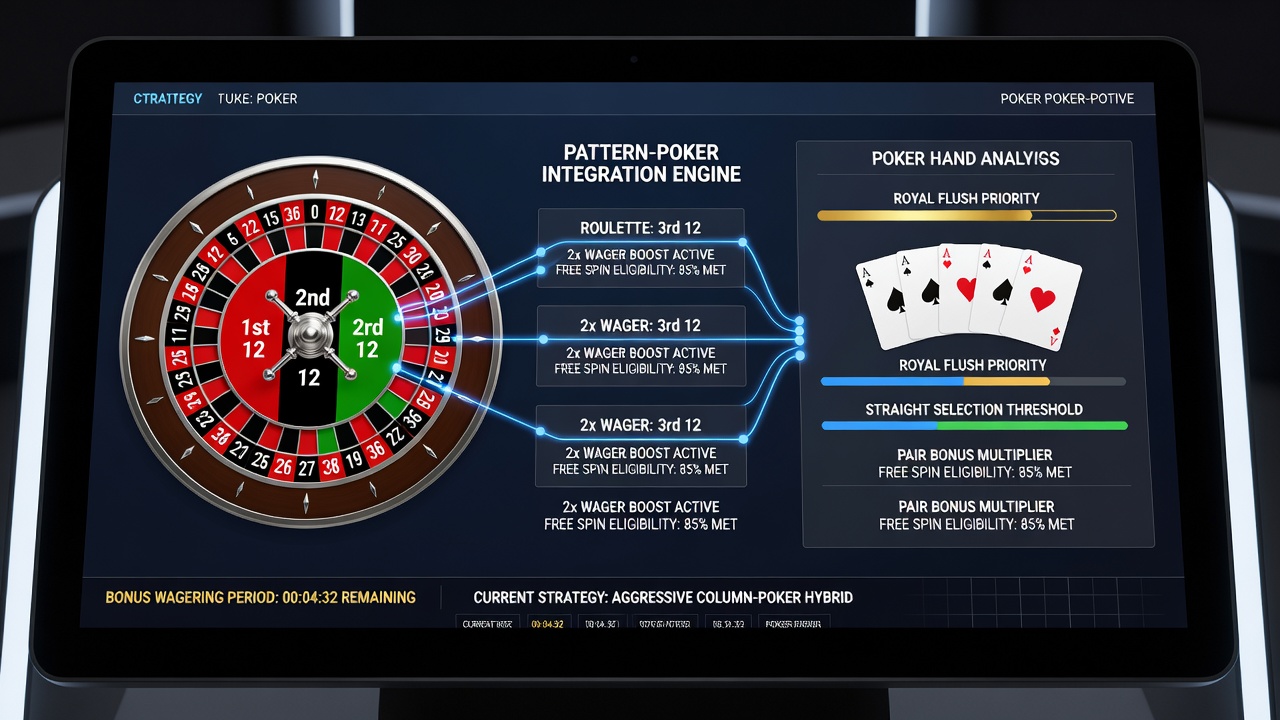 Split-screen view showing roulette column statistics feeding into poker hand range adjustments on a regulated digital platform