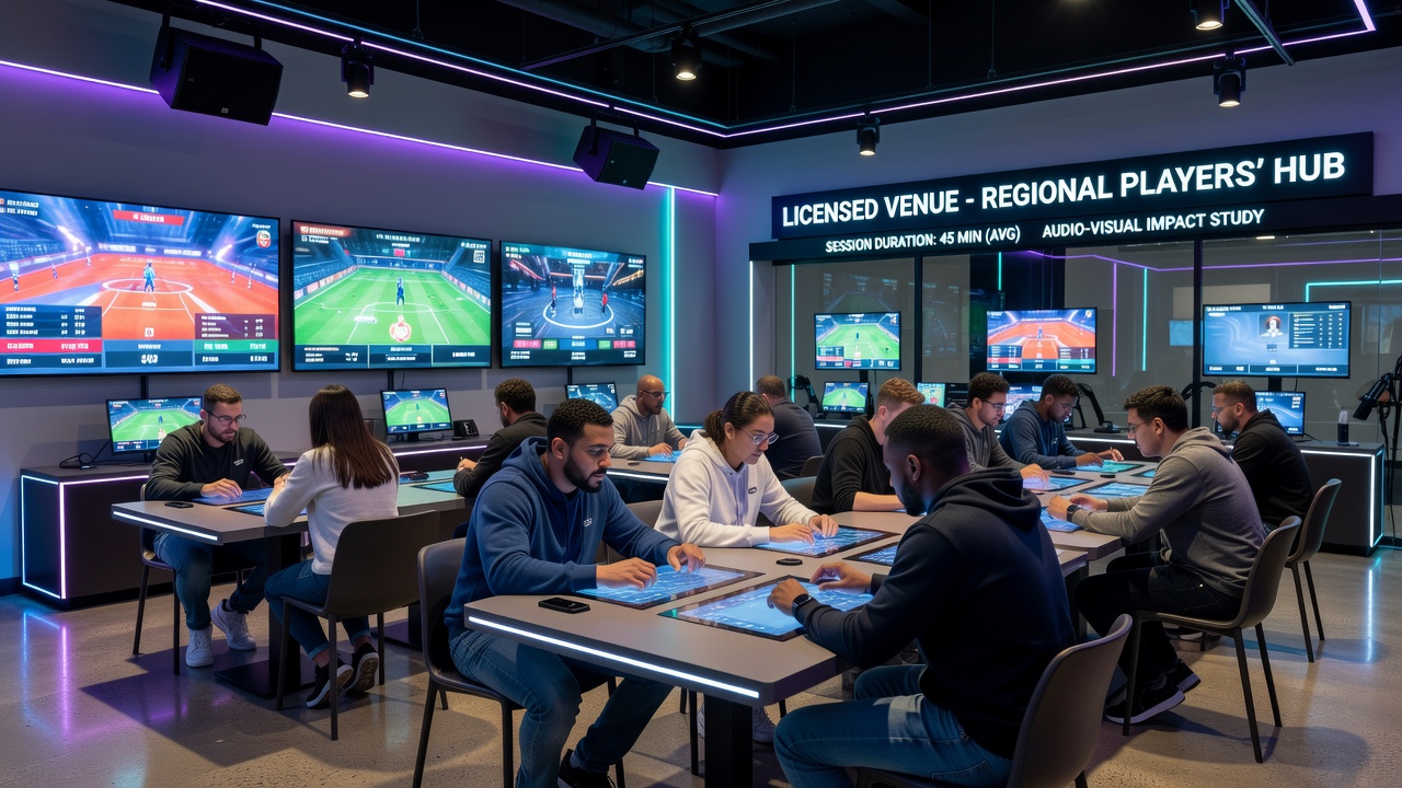 Licensed venue interior showing coordinated audio-visual setup with synchronized lighting and ambient sound design affecting player engagement zones