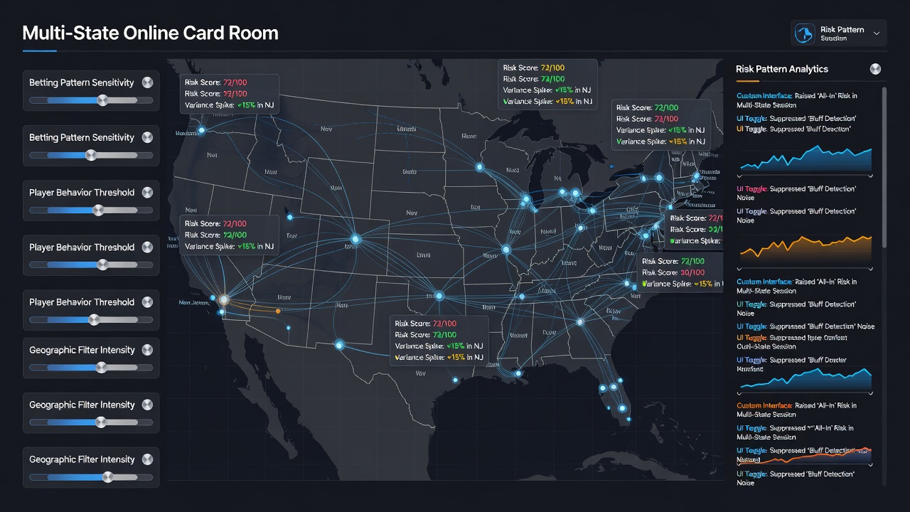 Player dashboard with customized risk assessment overlays in a multi-state online card room environment