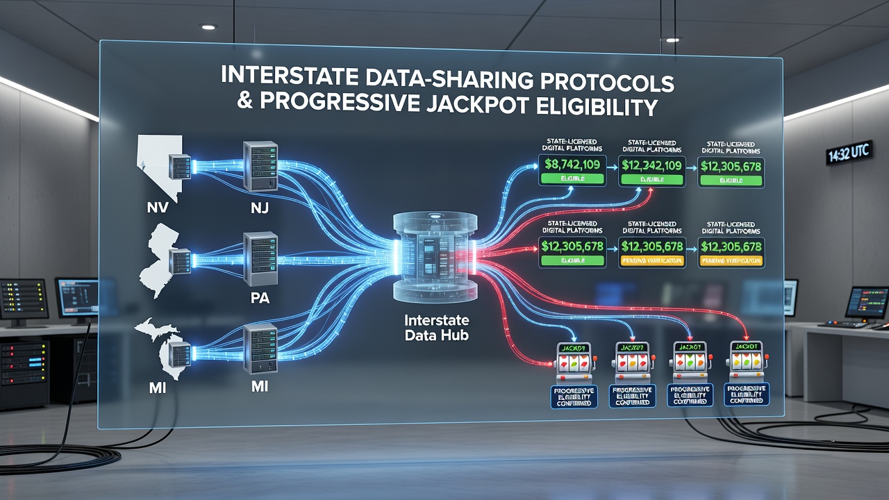 Dashboard view of real-time progressive jackpot eligibility checks across state boundaries