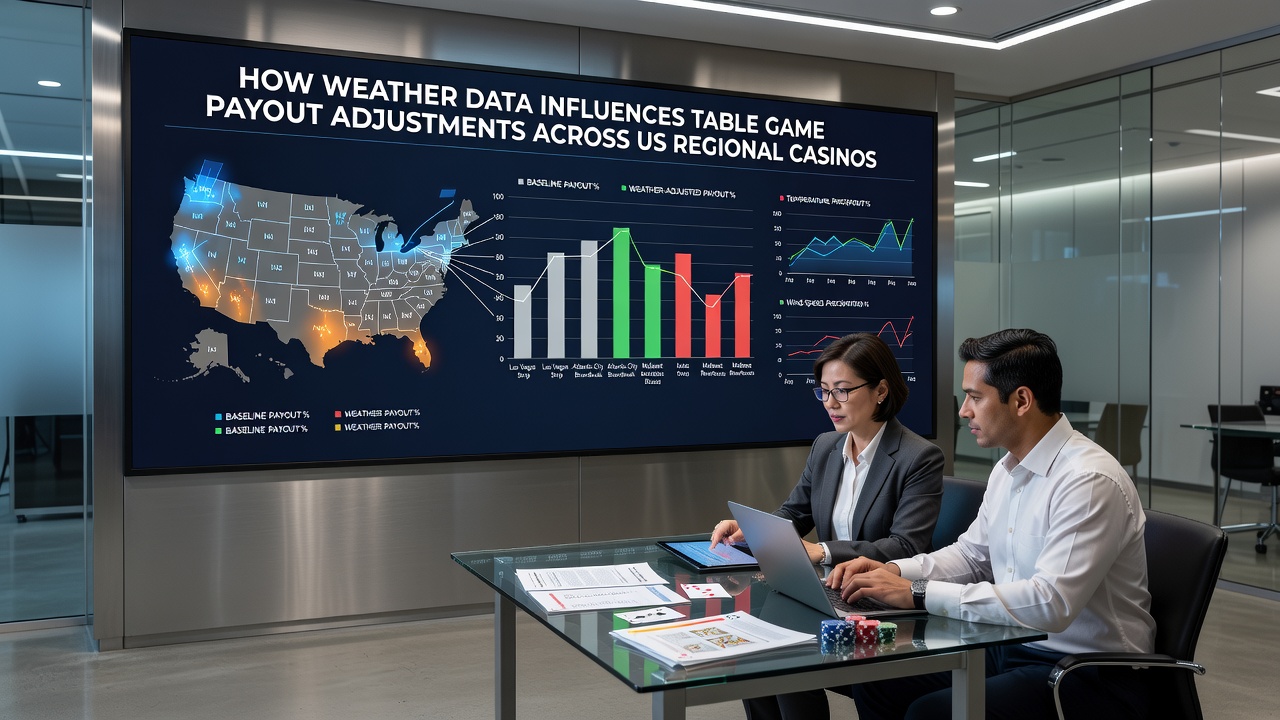 Casino floor with weather monitoring dashboard showing regional data feeds for table game operations