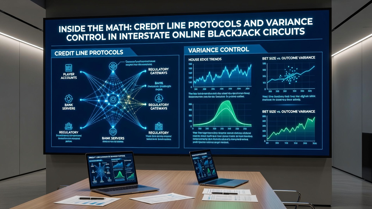 Variance control dashboards displaying real-time blackjack session metrics across state networks