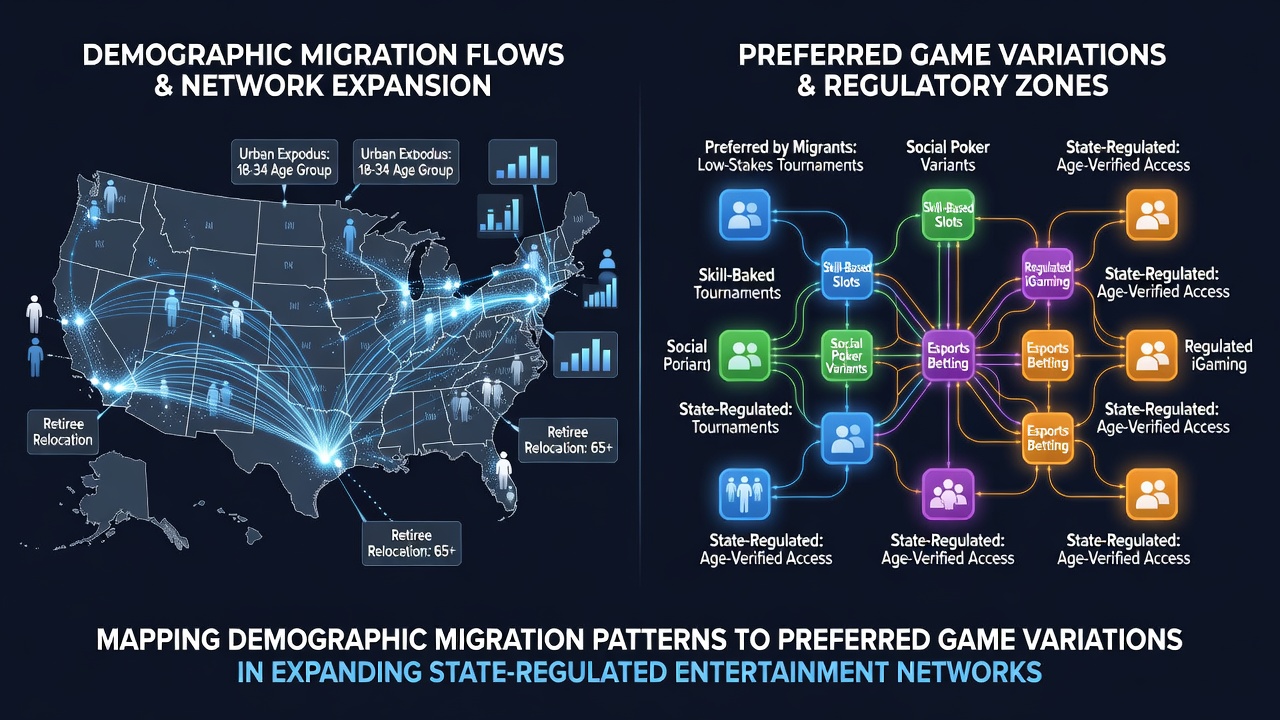 Visualization of demographic migration flows across U.S. states with overlaid casino game preference icons