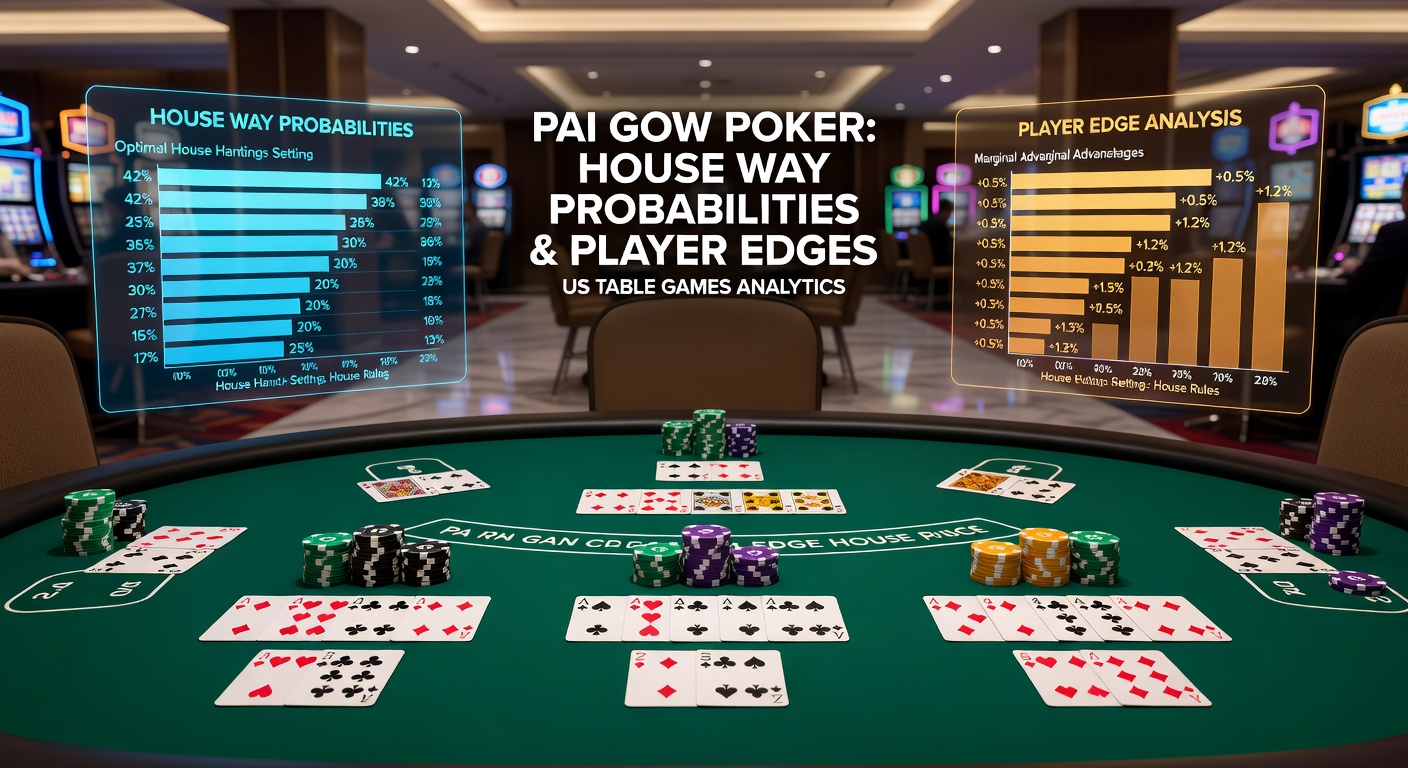 Digital simulation graphic displaying Pai Gow Poker probability charts and house way hand-setting outcomes on a casino screen