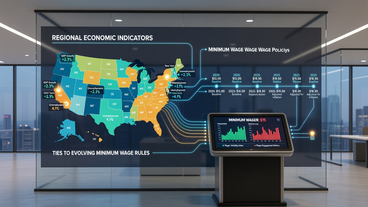 Chart overlay on casino electronic table game screens displaying wager minimum adjustments alongside regional unemployment and income statistics
