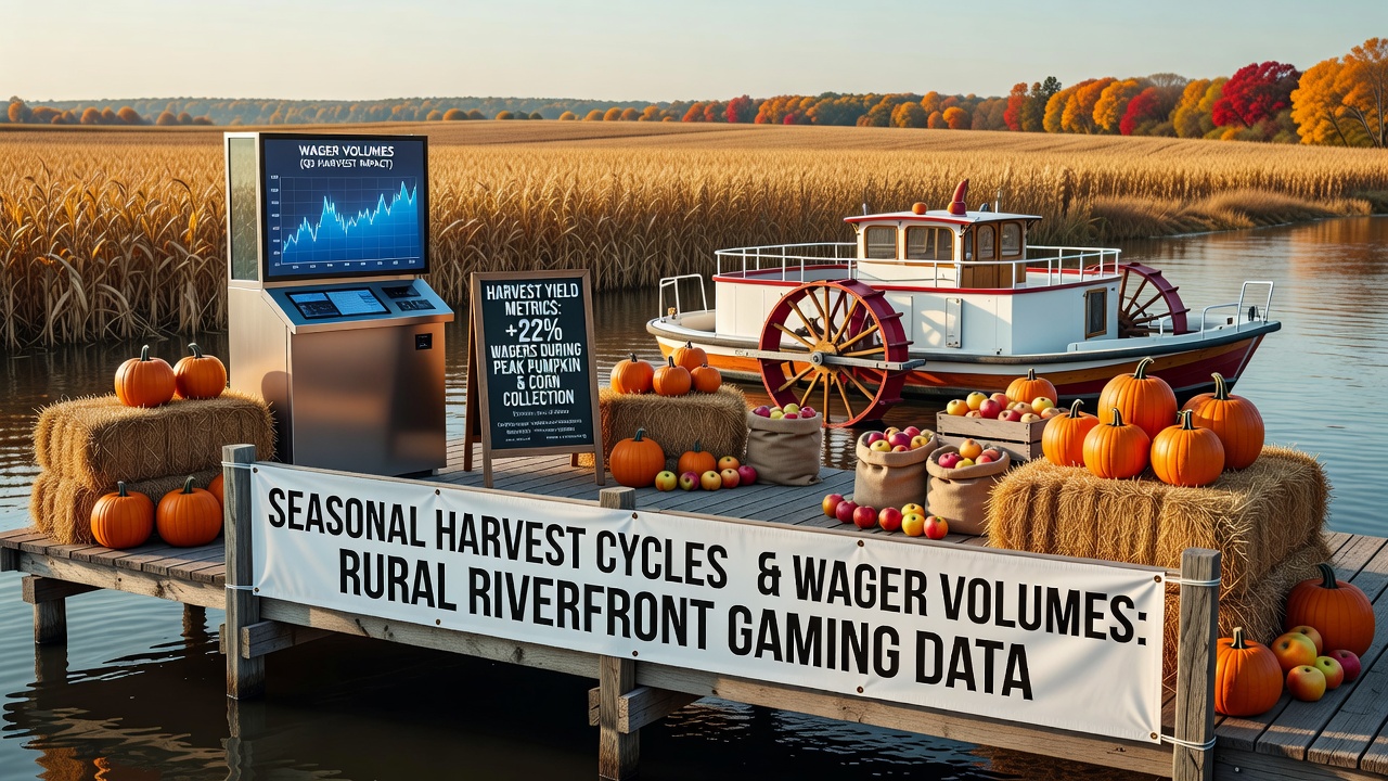 Aerial view of rural riverfront casino surrounded by agricultural fields during harvest season