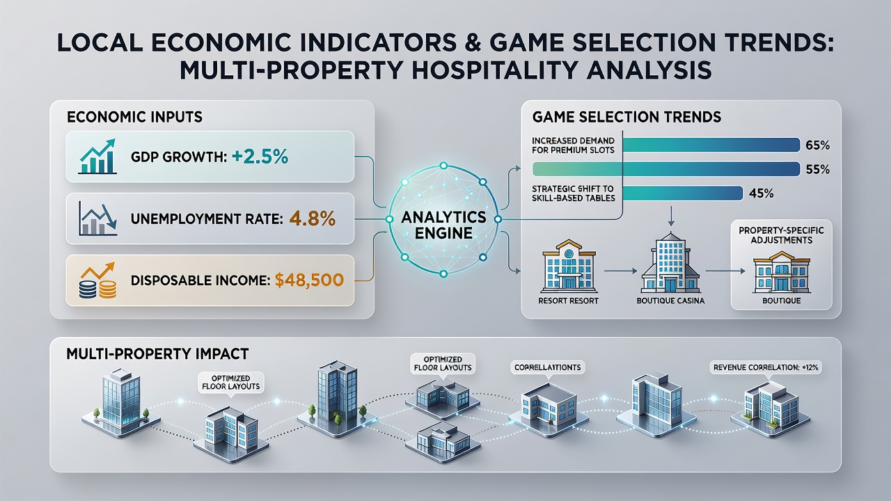 Casino floor layout with charts illustrating shifts in slot versus table game popularity tied to local economic metrics