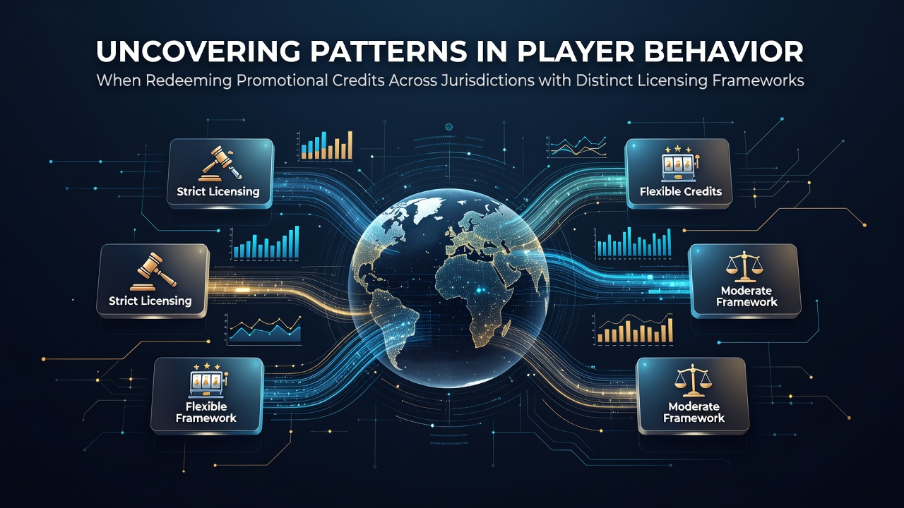 Players interacting with digital casino interfaces showing promotional credit redemptions in different regulatory regions